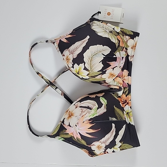 Shade & Shore Gray Floral Tropical Bikini Top Criss Cross Straps Light Size 36D - Picture 4 of 10